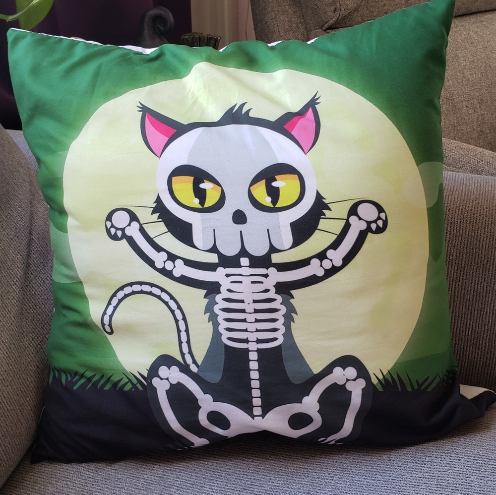 Skeleton cat throw pillow